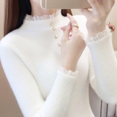 Female Knitted Vintage Lace Turtleneck Sweater Pullovers Ladies Long Sleeve Knitting Basic Unif Slim Sweaters Solid Jumper Top