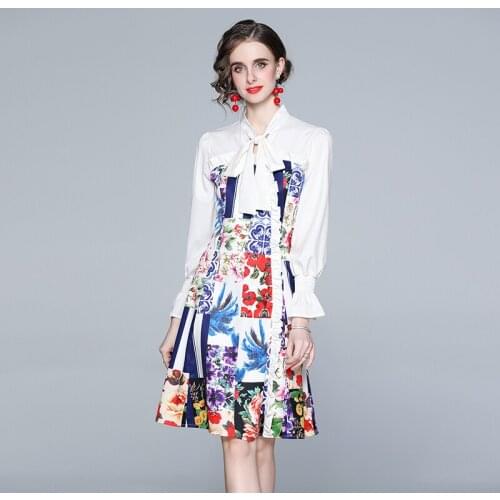 Spring Women Fashion Designer Sweet Short Dress Bow Collar Flare Sleeve Ruched Ruffles Splicing Floral Print Dress K1536