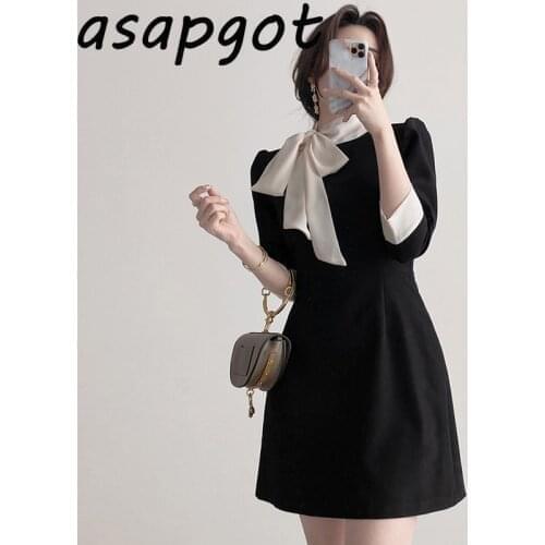 Dresses Spring New Elegant Temperament Lace Up Bow Contrast Three Quarter Dress Women Slim Vestidos Chic Korean Retro Mini