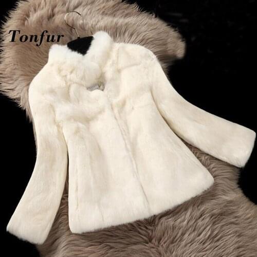 Genuine natural real rabbit fur coat women fashion medium-long stand collar overcoat autumn and winter warm jacket TBSR194