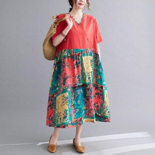 2021 New Arrival Short Sleeve Loose Summer Dress Print Floral Cotton Linen Patchwork Vintage Dress Women Travel Casual Dress