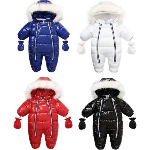 FOCUSNORM 0-24M Newborn Baby Girls Boys Winter Down Rompers Solid Fur Hooded Long Sleeve Zipper Jumpsuits With Gloves 4 Colors