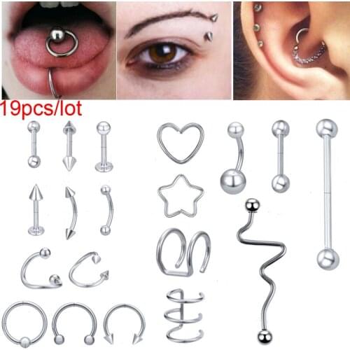 19pcs/lot Stainless Steel Septum Nose Ring for Women Navel Belly Lip Tongue Eyebrow Piercing Ear Clip Helix Cartilage Piercing