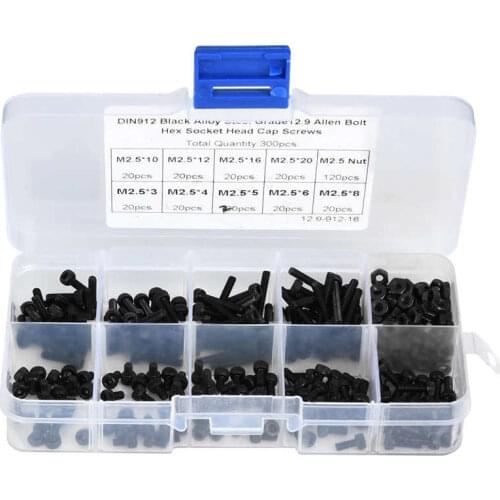 300pcs M2.5 x 3-20mm 12.9 Grade Black Alloy Steel Hex Socket Head Cap Screw Bolt with Nut Screw