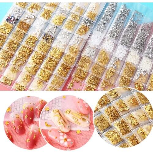 6 grids shell fruit curved stick round hollow base nail sequins gold and silver rivet nail nail drill nail art accessories