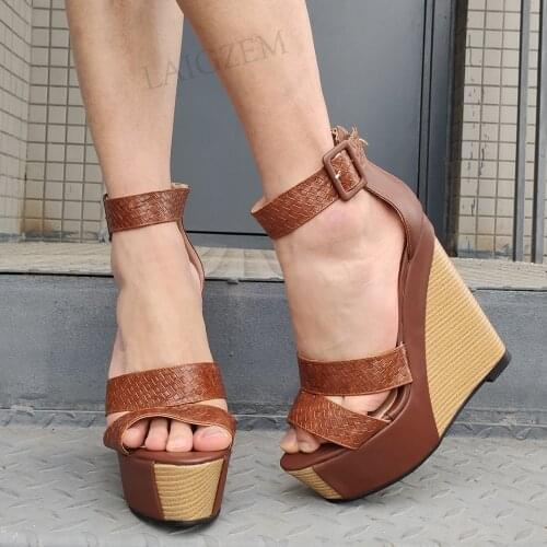 BERZIMER Women Platform Pumps Ankle Strap Patchwok Wedges Party Prom Sandals Faux Leather Shoes Woman Large Size 42 44 48 50 52