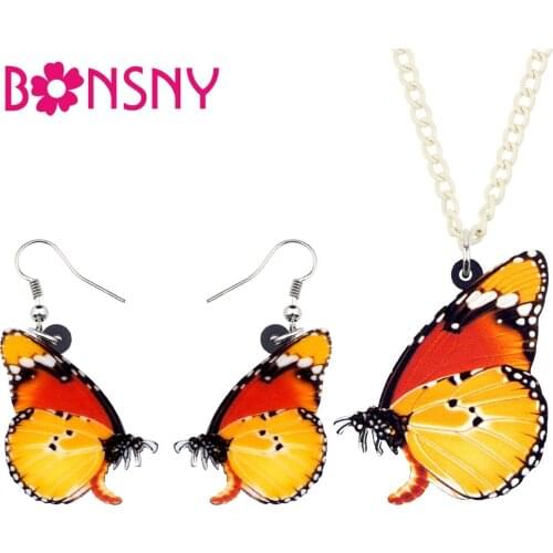 Bonsny Acrylic Orange Butterfly Jewelry Sets Earrings Drop Necklace Collar Trendy Insect Spring Summer Gift For Women Girls New