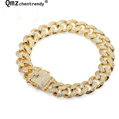 Top Quality 17MM Copper PVD Plating Bling Iced Out Thick Curb Cuban Chain Bracelets Lab CZ Stone Clasp Gold Link Bangles
