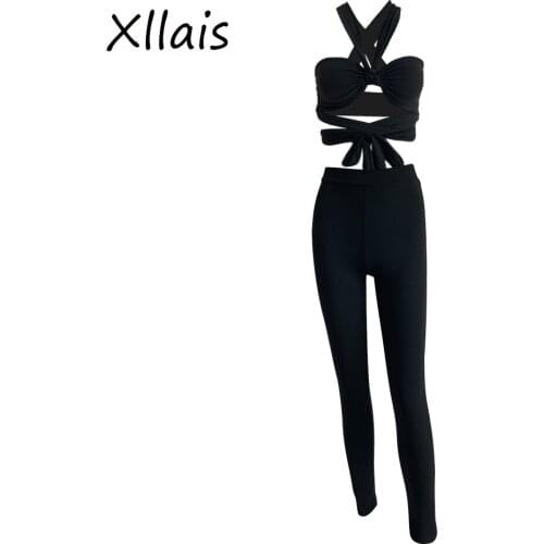 XLLAIS 2 Piece Outfits Summer Bandage Crop Top With Long Pant Matching Sets Women Jogger Tracksuit Streetwear