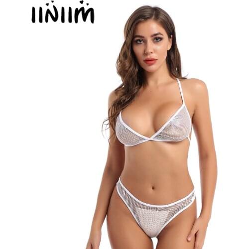 Womens Hot See Through Fishnet Sissy Ladies Lingerie Set Bikini Bra Top with High Waist Crotchless Open Butt G-string Briefs