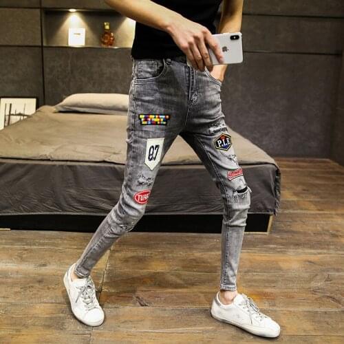Spring 2021 New Products Mens High Craft Embroidered Patch Jeans Korean Slim Pants Trendy teenager Pencil Pants