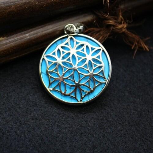 New Arrived 6Pcs/Lot Natural Blue Turquoises Personality Alloy Hollow Snowflake Lucky Pendants Healing Charms Sliver Necklace