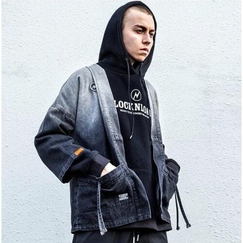 April MOMO 2021 Japanese Kimono Jacket Gradient Color Hip Hop Men Denim Jacket Streetwear Harajuku Japan Style Cardigan Jacket