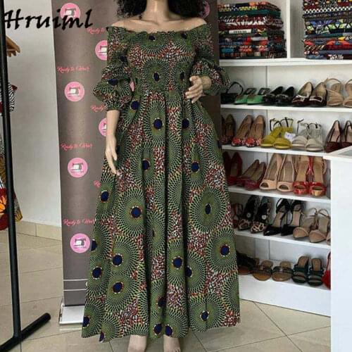 African Dresses for Women Fashion Floral Print Slash Neck Three Quarter Sleeve Maxi Dress High Waist Vintage Long Dress Autumn