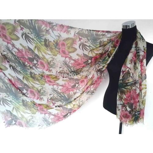 Frayed Edge Oversized Floral Flower and Leaf Print Scarf Shawl Wrap Scarves Womens Accessories Gift, Free Shipping