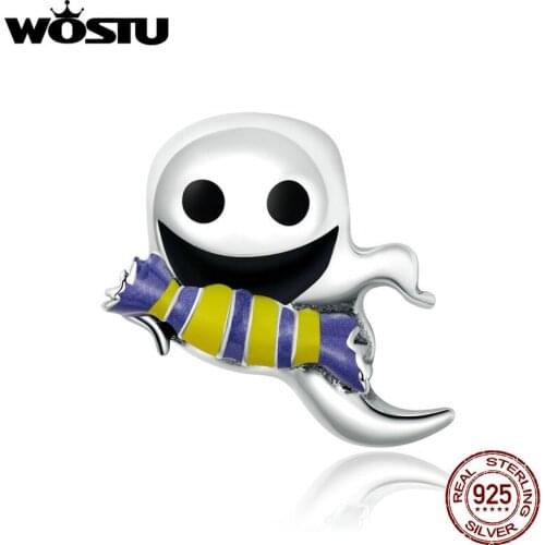 Wostu Halloween 925 Sterling Silver CZ Trick or Treat Kid Original ghost image Charm for Brand DIY Jewelry Make SCC1619