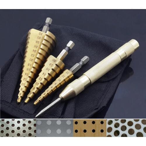 HSS Titanium 4-12/20/32mm Hex Shank Metal Step Drill Bit Hole Cutter Wood Cone Core Drilling Hole Saw Tool Bits Set+Center Punch