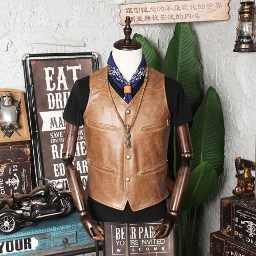 Vintage Cowhide Amekaji Genuine Vest Slim Fit Motorcycle Biker Vests Mens Real Leather Casual Sleeveless Jackets