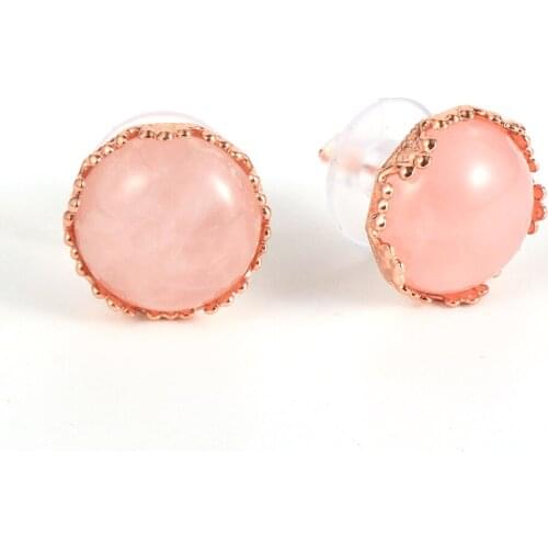 Women 12mm Natural Amethysts Pink Crystal Earring Stud Agates Opal Tiger Eye Gem Stone Rose Golden Pierced Push Earrings Jewelry