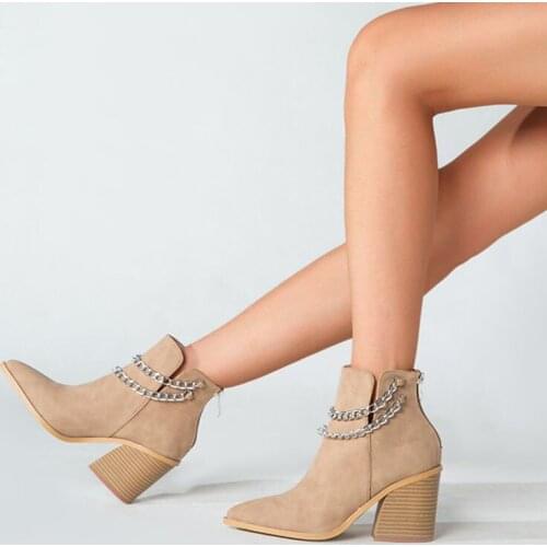 2021 Women Ankle Boots Metal Chain Decoration Pointed Toe Female Chelsea Booties Square Heel Winter Warm Party Ladies Shoes