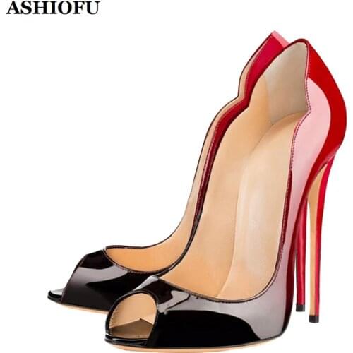 ASHIOFU Handmade Women High Heel Pumps Gradient Leather Peep-toe Party Prom Dress Shoes Sexy Evening Fashion Pumps Court Shoes