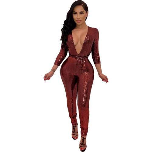 2019 Sexy Women Sequined Jumpsuit Long Sleeve Deep V Neck Jumpsuit Solid Pattern Skinny Sequin Jumpsuit Club Glossy Bodysuits