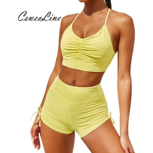 Summer Activewear Two Piece Sets Women Drawstring Ruched Halter Crop Top Biker Shorts Solid Casual Lounge Womens Matching Sets