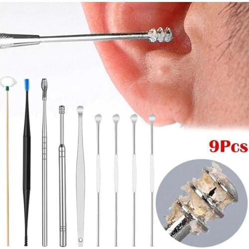 9pcs/set Ear Pick Wax Remover Cleaner Soft Silicone Steel Earpick Spoon Curette Ear Cleaning Tool