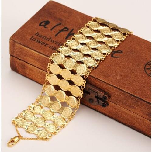 Arab Bracelet Women 18 K Solid G/F Gold Coins Bangle Islam Middle East Chain Jewelry 190 mm + 30 MM 35mm Wide