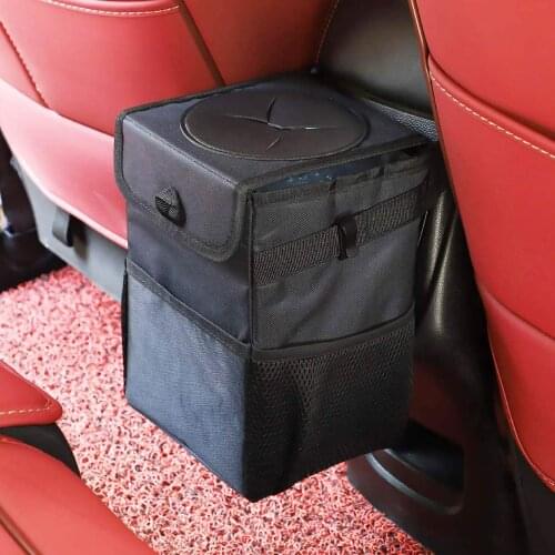Car Trash Can with Lid - Car Trash Bag Hanging with Storage Pockets Collapsible and Portable Car Garbage Bin
