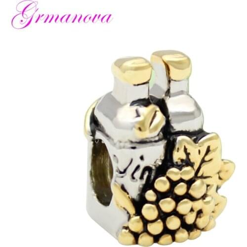 Bottled wine golden grape charm beads handmade DIY jewelry accessories amulet Fit Pandora Bracelet Necklace