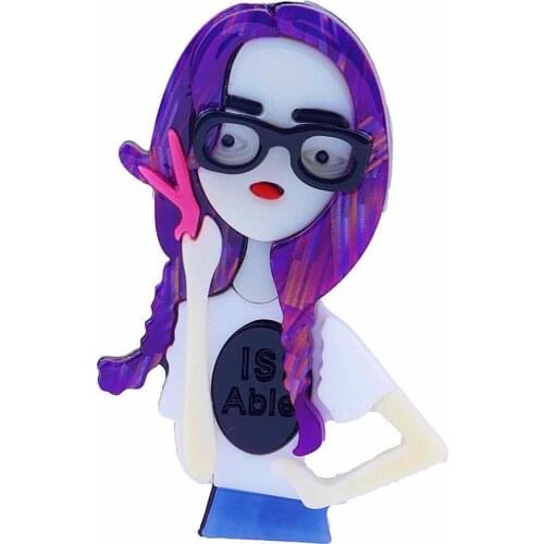 New Lovely Purple Hair Girl Figure Acrylic Brooches Pins For Women Big Resin Broche Pin Femme Badges Clothing Fashion Jewelry
