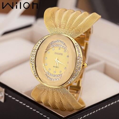 Mesh belt women watch oval gold bracelet alloy quartz watch dress rhinestone womens watches wholesale wristwatches bracelet