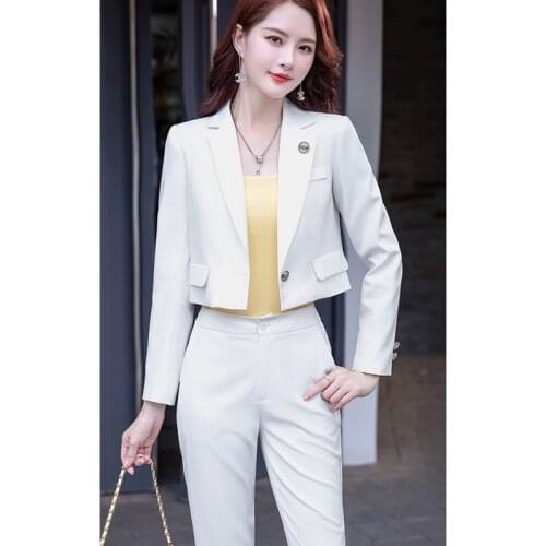 Black and white womens pants suit 2-piece suit formal and elegant womens short jacket womens long-sleeved jacket + trousers