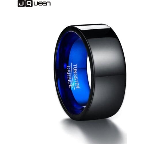 JQUEEN Popular Simple Style 100% Tungsten Steel Ring For Men 10mm Wide Polished Black Blue Carbide Rings Wedding Party Jewelry