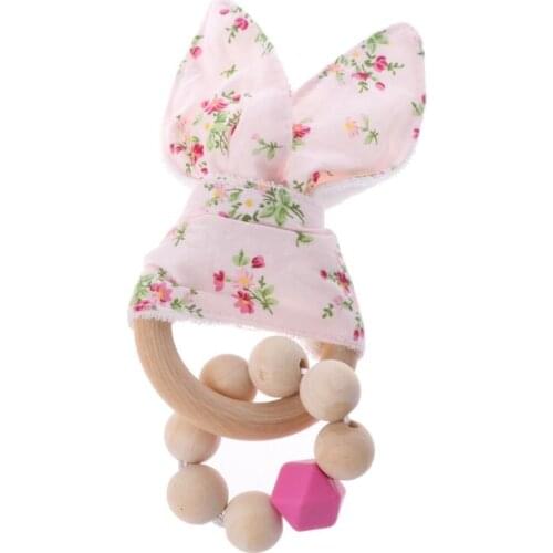 Christmas Baby Boy Bunny Ear Teether Safe Organic Wood Teething Ring 7 Color Choice Shower Gifts