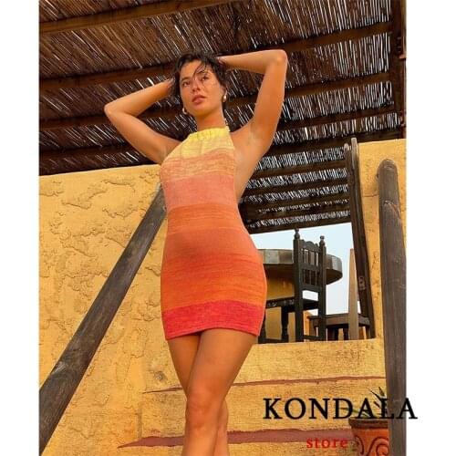 KONDALA Women Sunset Gradient Backless Dress Za 2021 Fashion Summer Sexy Knit Beach Mini Dress Elegant Chic Mujer Vestidos
