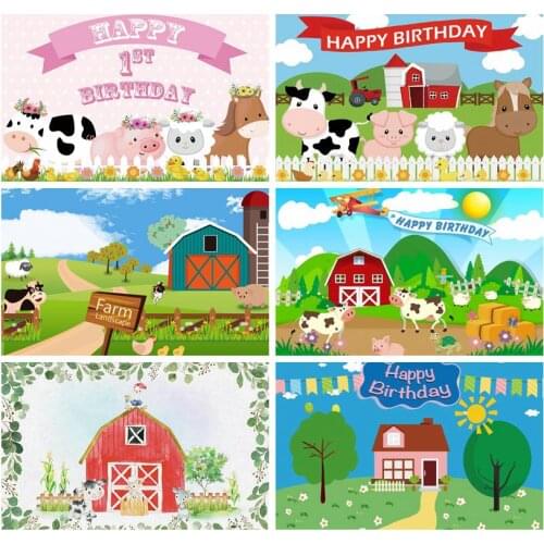 Laeacco Happy 1st Birthday Photo Backgrounds Farm House Animals Grassland Newborn Photography Backdrops Baby Shower Photophone