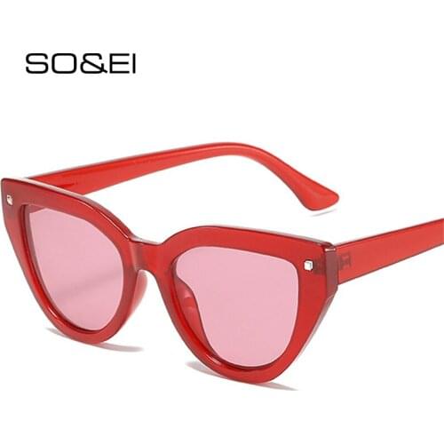 SO&EI Fashion Cat Eye Women Sunglasses Retro Rivets Decoration Eyewear Trending Men Blue Yellow Red Sun Glasses Shades UV400