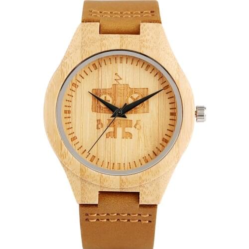 Men Watch Quartz Wooden Watch Brown Dial with Deer Head Pattern Wooden Watch Natural Wooden Wristwatch