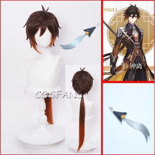 Genshin Impact Zhongli Cosplay 90cm Long Christmas Brown Orange Wig Cosplay Anime Wigs Heat Resistant Synthetic Wigs earring