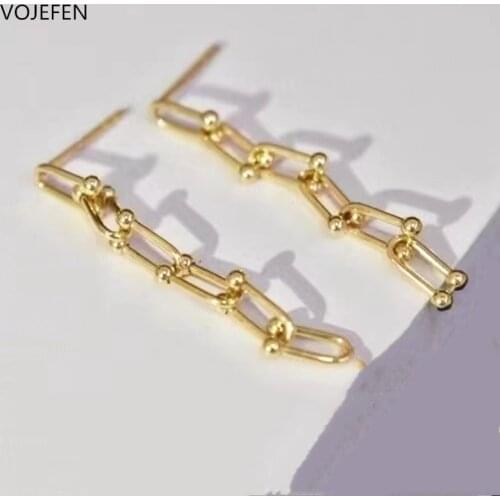 VOJEFEN AU750 18k Pure Gold Ball U Link Earrings for Women Golden Horseshoe Chain Drop Dangle Earings Party Jewelry Gift