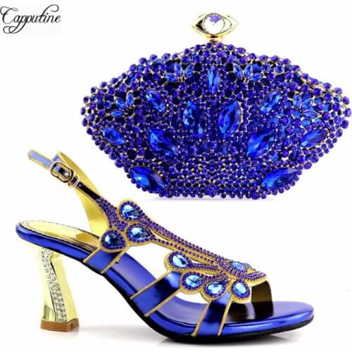 Luxury royal blue women pump shoes and handbag set fashion Italian design ladies sandals with purse clutch bag 0888 height 8cm
