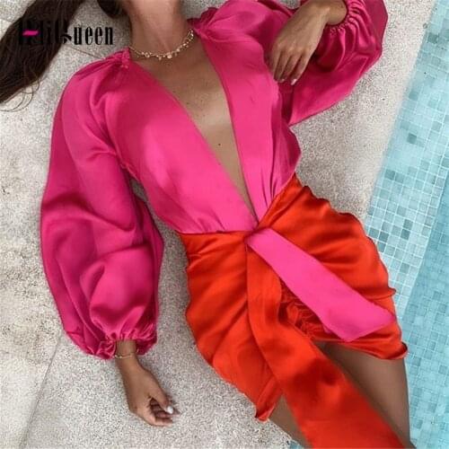 Korean Fashion 2 Piece Set Women Lantern Sleeve Sexy V Neck Playsuit + Ruched Package Hip Mini Skirt Set Woman Beach Skirt Suit