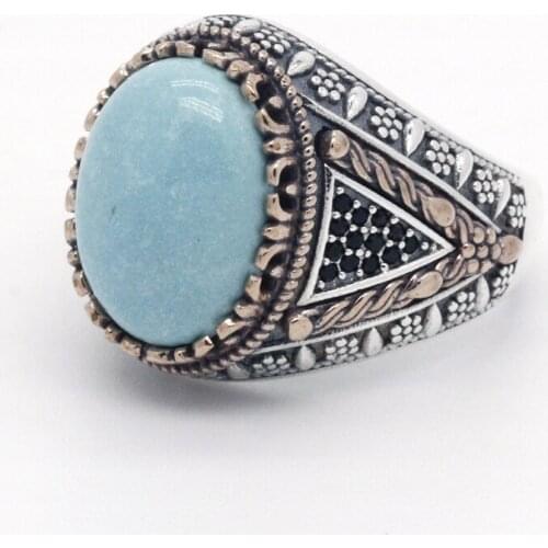 Vintage Turquoise Ring 925 Sterling Silver for Men Oval Natural Stone Retro Gorgeous Finger Ring for Male Women Turkey Jewelry
