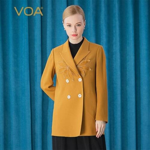 VOA Silk Thick High Quality Luxury Woman Jacket Tops WE85 Lapel Stereo Pair Silk Embroidery Craft Double-breasted Business Coat