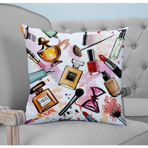 Female Cosmetics Perfume Lipstick Bow Comb Pink Printed Throw Pillow Case Plush fabric Pillowcase Home Decorative Pillow Hot