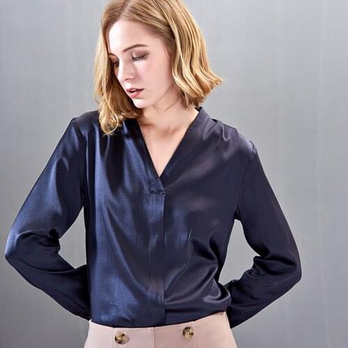 Womens Blouses and Tops Silk Navy V Neck Long Sleeve Office Formal Casual Shirts Plus Large Size Spring Summer Sexy Haut Femme