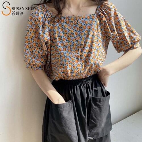 Women Shirts Female Blouse Tops Summer Clothing Loose Vintage Flower Squarer Neck Lantern Short Sleeve Button Korean Fashion