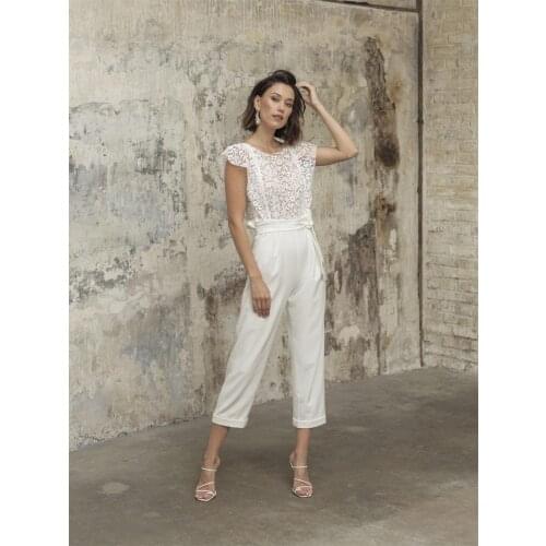 Jumpsuit Outfit Jewel Neck Wedding Dress Beach Backless Ankle Length Lace Bridal Gowns Pant Suit Open Back Vestido De Novia 2021